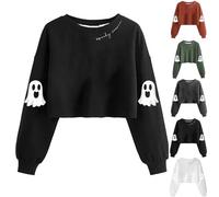 Women's Ghost Letter Print Crop Sweatshirt Fall Halloween Crew Neck Long Sleeve Ladies Jumpers Loose Lightweight Cropped Tops Spooky Season Sweatshirts Black