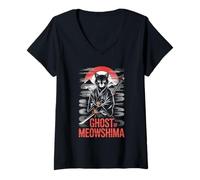 Womens Ghost of Meowshima Samurai Cat Japanese Sunset Epic V-Neck T-Shirt