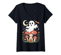 Womens Ghost on Mushroom Halloween Graphic with Pumpkins Bats V-Neck T-Shirt