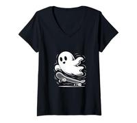 Womens Ghost on Skateboard Cool Halloween Spooky Skater Design V-Neck T-Shirt