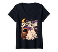 Women's Ghost Scary Horror Movies N Chill Halloween Night Costume V-Neck T-Shirt