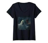 Womens Ghost Selfie T-Rex Dinosaur Chase Funny Humor V-Neck T-Shirt