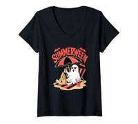 Womens Ghost Summerween Sandcastle Beach Halloween Summer Scary Fun V-Neck T-Shirt