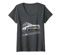 Women's Ghostbusters Ecto 1 Car Angled 1984 80s Title Halftone Text V-Neck T-Shirt