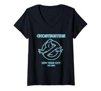 Women's Ghostbusters NYC 1984 Blue Glow Neon No Ghost Logo Retro V-Neck T-Shirt