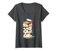 Women's Ghostbusters Stay Puft Marshmallow Men S'Mores Stack V-Neck T-Shirt, Dark Heather Grey, Medium