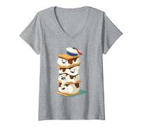 Women's Ghostbusters Stay Puft Marshmallow Men S'Mores Stack V-Neck T-Shirt, Heather Grey, Medium