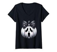 Womens Ghostly Pumpkin Kawaii Spooky V-Neck T-Shirt
