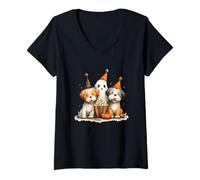 Womens Ghostly Pups Halloween Popcorn Fun V-Neck T-Shirt