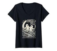 Womens Ghostly Spells Halloween Spooky Spirits Art V-Neck T-Shirt