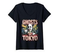 Womens Ghosts of Tokyo Retro Japanese Halloween Poster Horror Art V-Neck T-Shirt