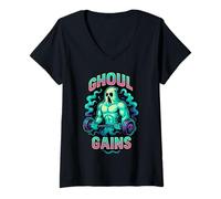 Womens Ghoul Gains Funny Buff Ghost Curls Old School 90's Retro Gym V-Neck T-Shirt