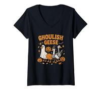 Womens Ghoulish Geese Halloween Funny Goose Costume V-Neck T-Shirt