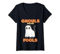 Womens Ghouls Before Fools - Halloween Funny Cat Relationship V-Neck T-Shirt