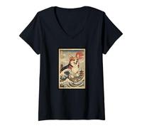 Women's Giant Corgi Over Japanese Wave and Pagodas V-Neck T-Shirt