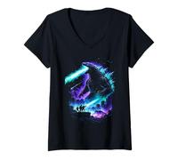 Women's Giant Kaiju City Attack Atomic Breath Pixel Art V-Neck T-Shirt