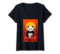 Womens Giant Panda Flowers Sunset Jungle V-Neck T-Shirt