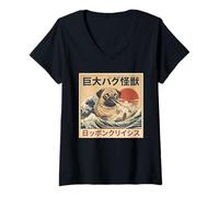 Women's Giant Pug Monster Nippon Crisis Kaiju Wave V-Neck T-Shirt