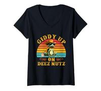 Women's Giddy Up On Deez Nutz Cowboy Frog Vintage Quote V-Neck T-Shirt