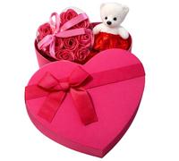 Women's Gift Box - Heart 20 cm + Bath Roses + Polystyrene Bear 11 cm + Hair Band - Artificial Red Petals - Gift Idea for Her