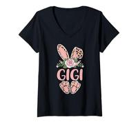 Women's Gigi Cute Leopard Bunny Ears Floral Easter V-Neck T-Shirt