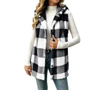 Women's Gilet Checkered Teddy Fleece Body Warmer Sleeveless Hooded Jacket | Ladies Plaid Button Down Cardigan Autumn Winter Warm Vest Sherpa Fuzzy Waistcoat Thermal Outdoor Outerwear