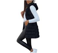 Women's Gilets Long Hooded Quilted Gilet Zip Up Sleeveless Lightweight Windproof Waistcoat Padded Winter Down Jacket Longline Body Warmer Thick Parka Tank Top Outwear Coat with Pockets