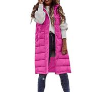 Womens Gilets UK Sleeveless Long Down Thermal Brown Vest Winter Warm Zip Up Button Fleece Jacket Women Plus Size Hooded Waistcoat Women Solid Padded Sweater Ladies Side Split Coat