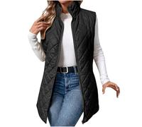 Women's Gilets Warm Sleeveless Down Cotton Vest Mid-length Quilted Padded Jackets with Pockets Solid Color Puffer Thicken Warm Body Warmer Zippered Lightweight Coat Ladies Comfy Soft Vests Outdoor