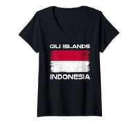 Women's Gili Islands Indonesia Flag Distressed Indonesian Pride V-Neck T-Shirt