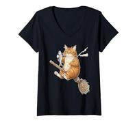 Women's Ginger Cat Flying on Broomstick with Fish V-Neck T-Shirt