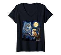 Women's Ginger Kitten Howling at The Moon Night Sky Cat Art V-Neck T-Shirt