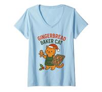 Women's Gingerbread Baker Cat Christmas Cookie Lover V-Neck T-Shirt
