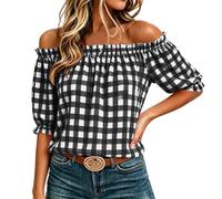Women's Gingham Off Shoulder Blouse, Short Sleeve Ruffle Ruched Breathable Plaid Top, Basic Summer Dressy Casual Check T Shirts, Office Holiday Going Out Beach Shirt for Women UK Black