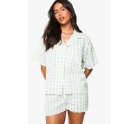 Womens Gingham Scallop Edge Cotton Poplin Short Sleeve Shirt & Shorts Pyjama Set - Green - 6, Green