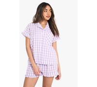 Womens Gingham Seersucker Ruffle Detail Short Sleeve Shirt & Shorts Pyjama Set - Purple - 8, Purple