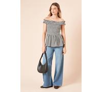 Womens Gingham Shirred Bodice Bardot Peplum Top Gingham 10