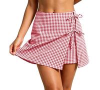 Womens Gingham Skorts-High Waisted,Summer,A-Line,Wrap,Plaid,Side Tie,Cotton,Checked,Lightweight,Elegant,Comfort,Tailored,Drawstring-Mini Skirt with Shorts Streetwear