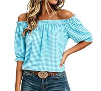 Women's Gingham Tops Off Shoulder Blouses for Women UK Summer Going Out Beach T Shirt Short Sleeve Ruffle Trim Casual Blouse Ruched Breathable Plaid Check This City Work Office Work Clothes Sky Blue
