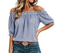 Women's Gingham Tops Off Shoulder Blouses for Women UK Summer Going Out Beach T Shirt Short Sleeve Ruffle Trim Casual Blouse Ruched Breathable Plaid Check This City Work Office Work Clothes Navy
