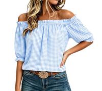 Women's Gingham Tops Off Shoulder Blouses for Women UK Summer Going Out Beach T Shirt Short Sleeve Ruffle Trim Casual Blouse Ruched Breathable Plaid Check This City Work Office Work Clothes Blue