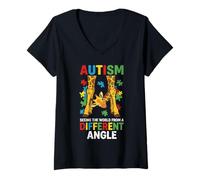 Women's Giraffe Autism Seeing World Different Angle Awareness Kids V-Neck T-Shirt