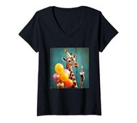 Women's Giraffe Bday Party Hat Balloons Cupcake Animal Celebration V-Neck T-Shirt