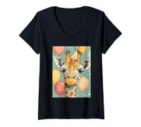Women's Giraffe Birthday Party Balloons & Bubbles Art Print Kids V-Neck T-Shirt