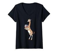 Womens Giraffe Holding Stack of Books Funny Reading Design V-Neck T-Shirt