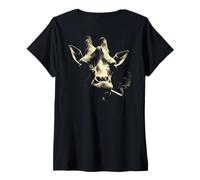 Women's Giraffe Portrait Smoking Cigarette Funny Grunge Art On Back V-Neck T-Shirt