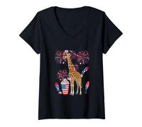 Women's Giraffe Sunglasses Coffeee 4th of July US Flag Fireworks V-Neck T-Shirt