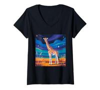 Womens Giraffe Under Starry Twilight Sky, Safari Wildlife V-Neck T-Shirt