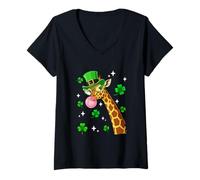 Women's Giraffee Sunglasses Hearts Cute Bubble Patrick's Day Clovers V-Neck T-Shirt