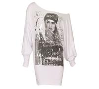 Womens Girl Print "KISS ME ROCK ME" Batwing Top / Size 8-14 (ML - UK(12-14), White)